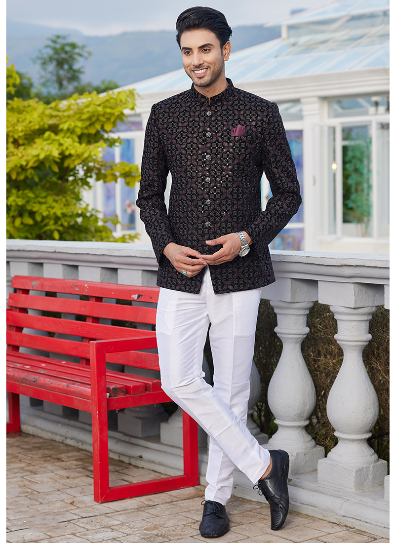 Buy Art Silk Black Wedding Wear Thread Work Readymade Jodhpuri Suit Top Only Online From Wholesale Salwar